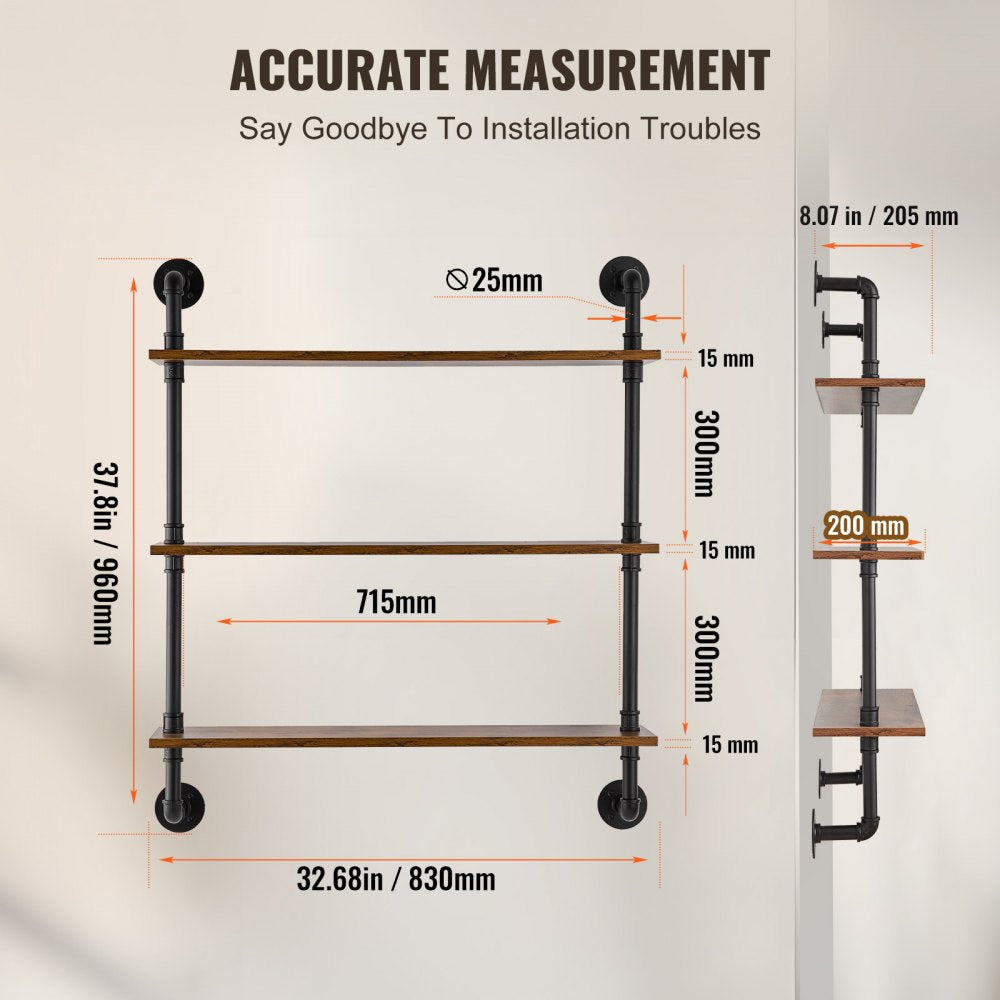 VEVOR Industrial Pipe Shelf, 3 Tier 32x7.87in, Wall-Mount Floating Rustic Wood Shelves Bracket Display Bookshelf, Storage Rack Sundries Holder for Kitchen Bedroom Bathroom Living Room, Black