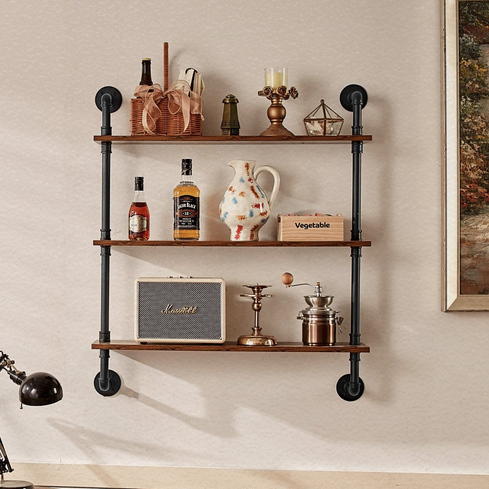 VEVOR Industrial Pipe Shelf, 3 Tier 32x7.87in, Wall-Mount Floating Rustic Wood Shelves Bracket Display Bookshelf, Storage Rack Sundries Holder for Kitchen Bedroom Bathroom Living Room, Black