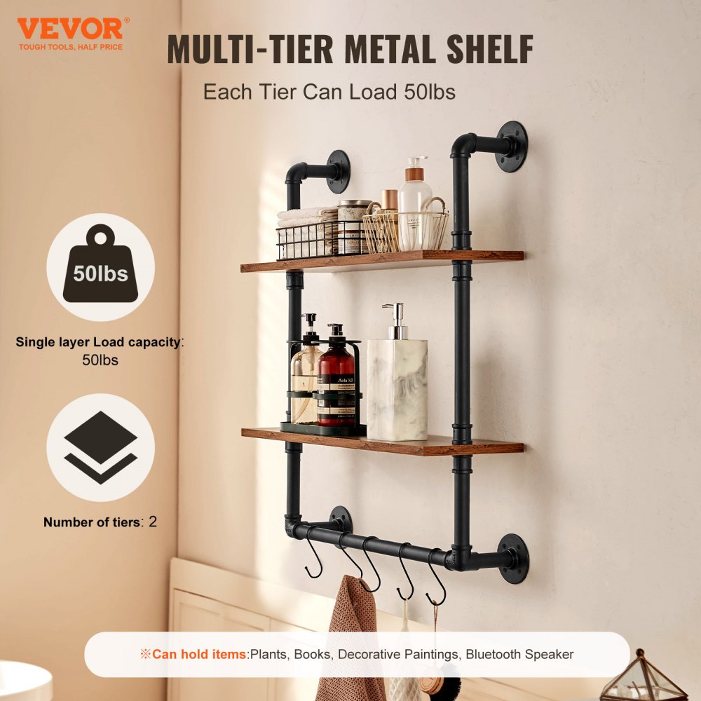 VEVOR Industrial Pipe Shelf, 2 Tier 24x7.87in, Wall-Mount Floating Rustic Wood Shelves Bracket Display Bookshelf, Storage Rack Sundries Holder for Kitchen Bedroom Bathroom Living Room, Black