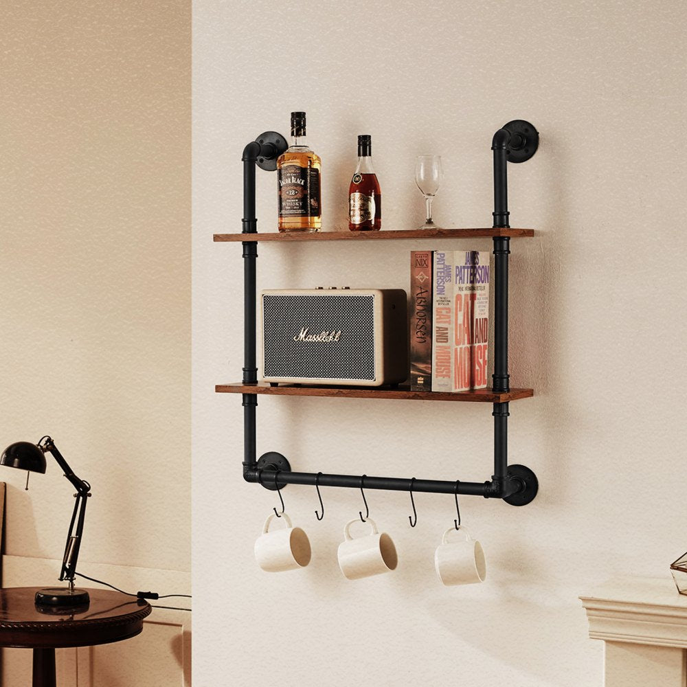 VEVOR Industrial Pipe Shelf, 2 Tier 24x7.87in, Wall-Mount Floating Rustic Wood Shelves Bracket Display Bookshelf, Storage Rack Sundries Holder for Kitchen Bedroom Bathroom Living Room, Black