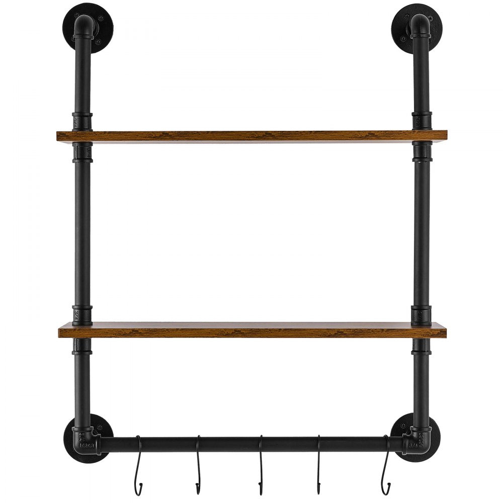 VEVOR Industrial Pipe Shelf, 2 Tier 24x7.87in, Wall-Mount Floating Rustic Wood Shelves Bracket Display Bookshelf, Storage Rack Sundries Holder for Kitchen Bedroom Bathroom Living Room, Black