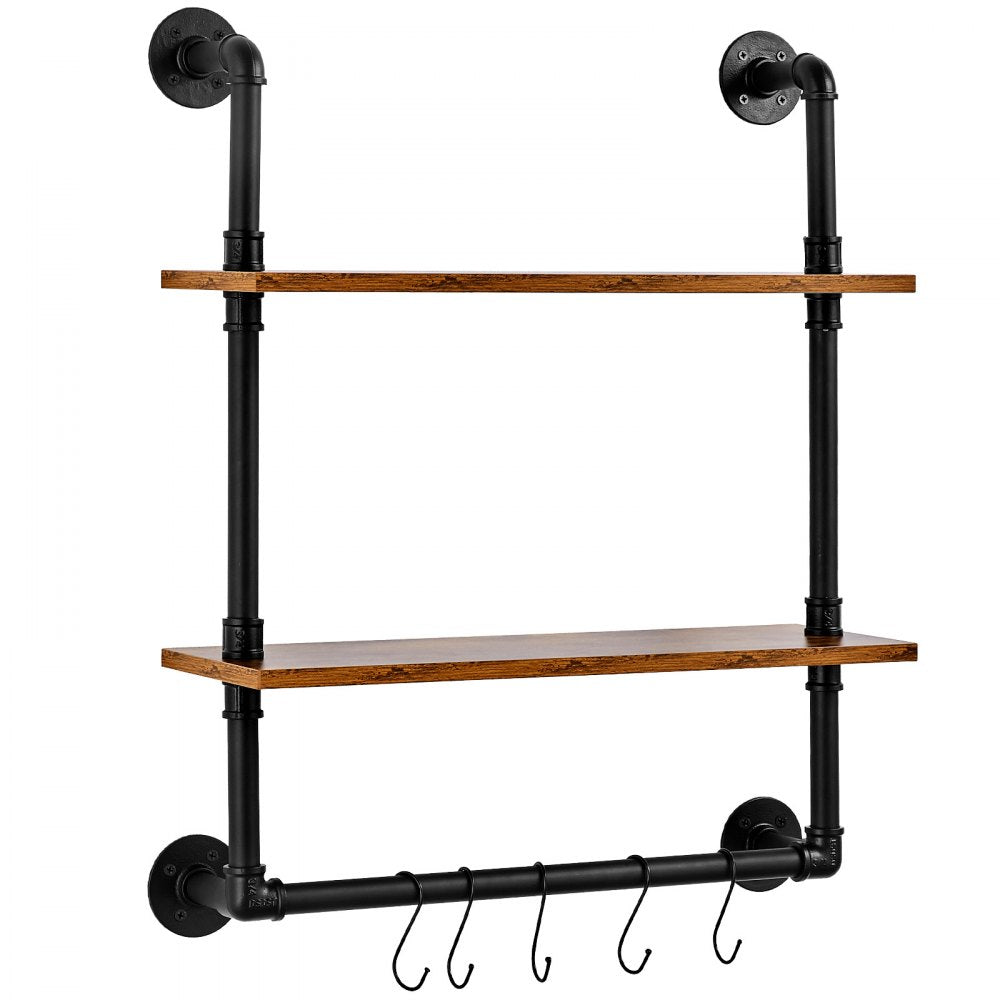 VEVOR Industrial Pipe Shelf, 2 Tier 24x7.87in, Wall-Mount Floating Rustic Wood Shelves Bracket Display Bookshelf, Storage Rack Sundries Holder for Kitchen Bedroom Bathroom Living Room, Black