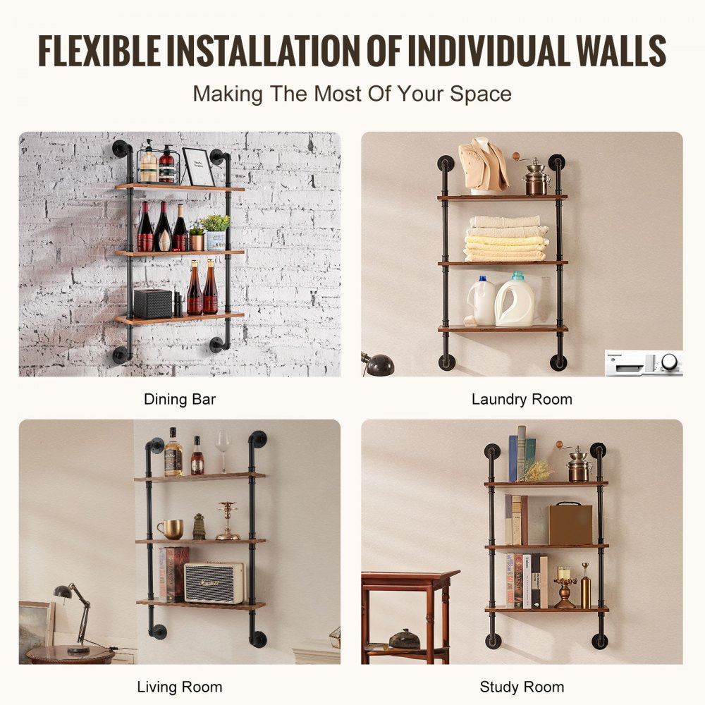 VEVOR Industrial Pipe Shelf, 3 Tier 24x7.87in, Wall-Mount Floating Rustic Wood Shelves Bracket Display Bookshelf, Storage Rack Sundries Holder for Kitchen Bedroom Bathroom Living Room, Black