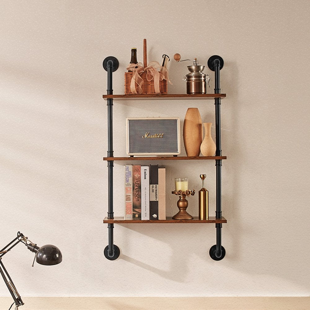VEVOR Industrial Pipe Shelf, 3 Tier 24x7.87in, Wall-Mount Floating Rustic Wood Shelves Bracket Display Bookshelf, Storage Rack Sundries Holder for Kitchen Bedroom Bathroom Living Room, Black