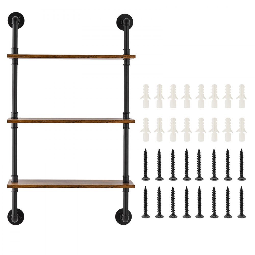 VEVOR Industrial Pipe Shelf, 3 Tier 24x7.87in, Wall-Mount Floating Rustic Wood Shelves Bracket Display Bookshelf, Storage Rack Sundries Holder for Kitchen Bedroom Bathroom Living Room, Black