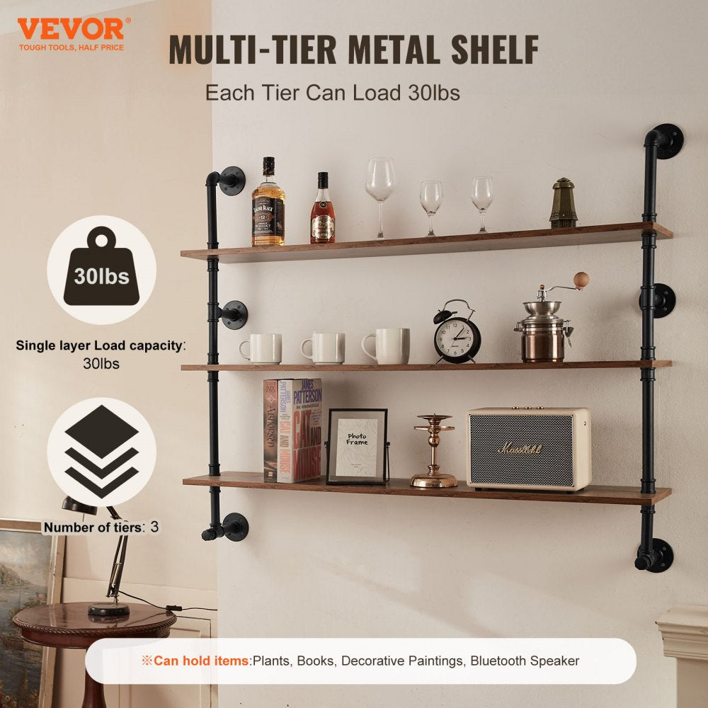 VEVOR Industrial Pipe Shelf, 3 Tier 48x9.84in, Wall-Mount Floating Rustic Wood Shelves Bracket Display Bookshelf, Storage Rack Sundries Holder for Kitchen Bedroom Bathroom Living Room, Black
