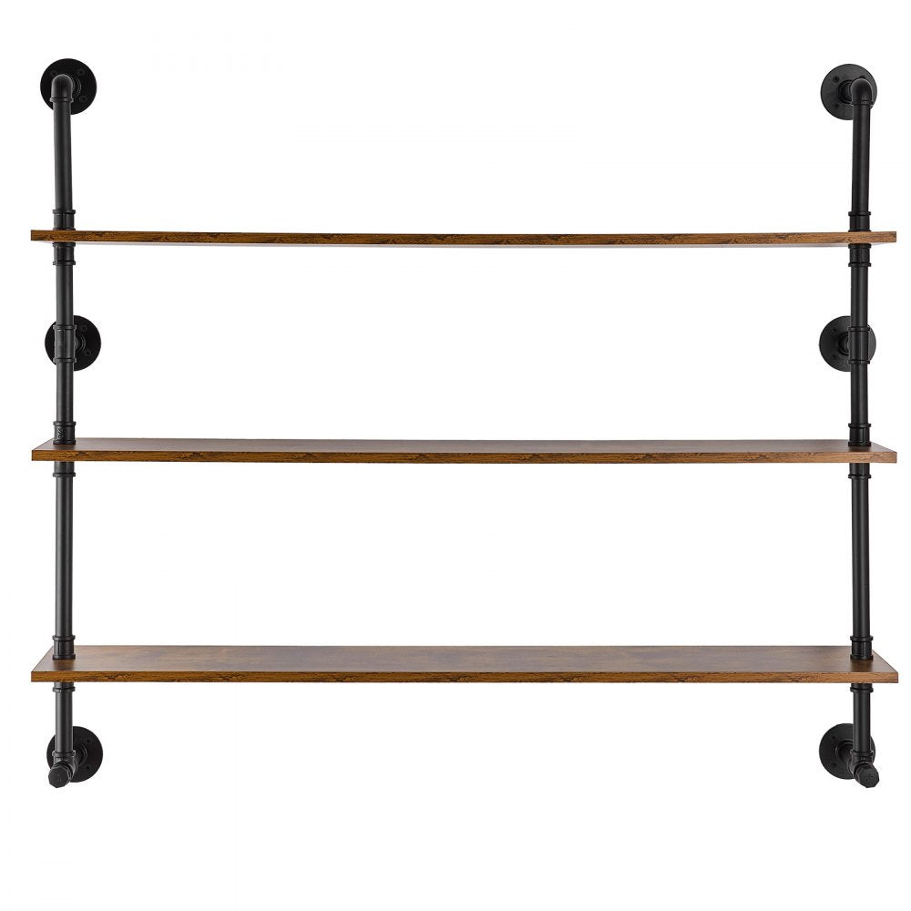 VEVOR Industrial Pipe Shelf, 3 Tier 48x9.84in, Wall-Mount Floating Rustic Wood Shelves Bracket Display Bookshelf, Storage Rack Sundries Holder for Kitchen Bedroom Bathroom Living Room, Black