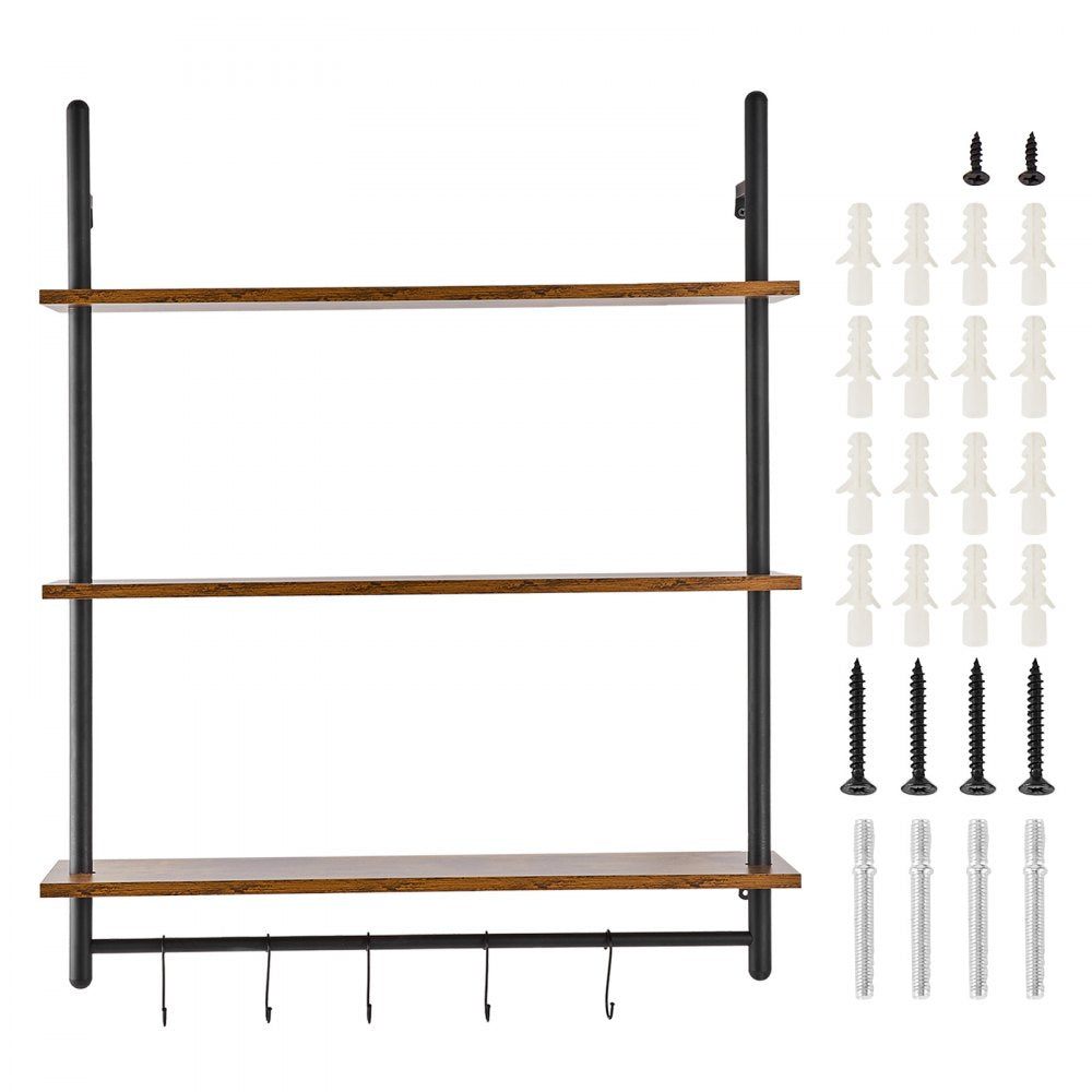 VEVOR Industrial Pipe Shelf, 3 Tier 32x9.84in, Wall-Mount Floating Rustic Wood Shelves Bracket Display Bookshelf, Storage Rack Sundries Holder for Kitchen Bedroom Bathroom Living Room, Black