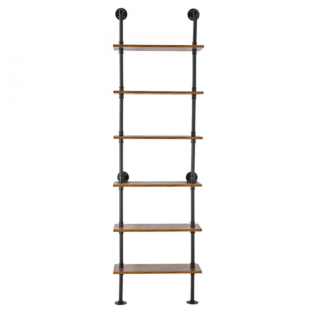 VEVOR Industrial Pipe Shelf, 6 Tier 24x9.84in, Wall-Mount Floating Rustic Wood Shelves Bracket Display Bookshelf, Storage Rack Sundries Holder for Kitchen Bedroom Bathroom Living Room, Black