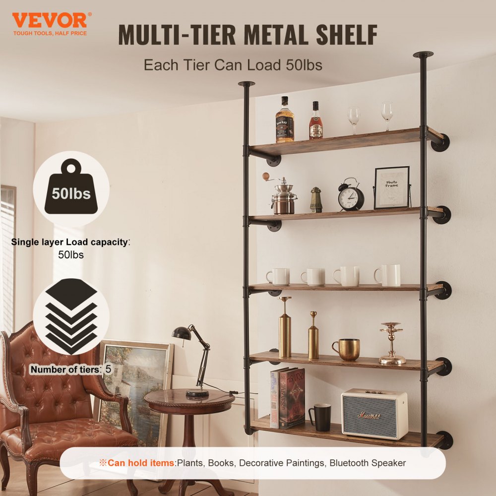 VEVOR Industrial Pipe Shelf, 5 Tier 2PCS, 11.8in Applicable Board Width Wall-Mount Floating Rustic Wood Shelves Bracket Bookshelf,Storage Holder for Kitchen Bedroom Bathroom, (Planks NOT Included)
