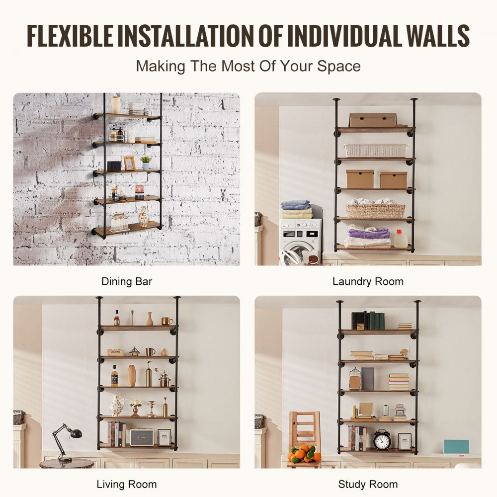 VEVOR Industrial Pipe Shelf, 5 Tier 2PCS, 11.8in Applicable Board Width Wall-Mount Floating Rustic Wood Shelves Bracket Bookshelf,Storage Holder for Kitchen Bedroom Bathroom, (Planks NOT Included)
