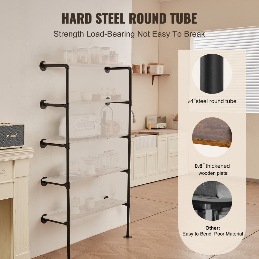 VEVOR Industrial Pipe Shelf, 5 Tier 2PCS, 9.84in Applicable Board Width Wall-Mount Floating Rustic Wood Shelves Bracket Bookshelf,Storage Holder for Kitchen Bedroom Bathroom, (Planks NOT Included)