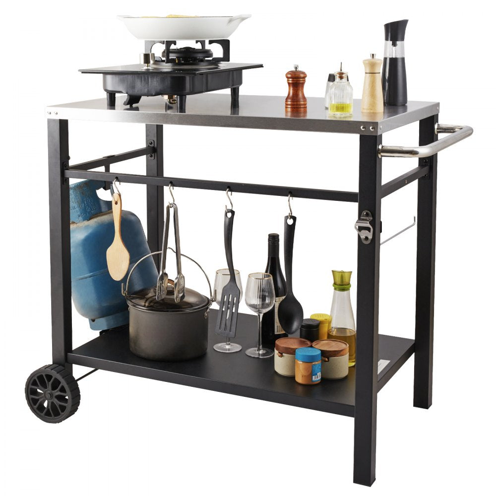 VEVOR Outdoor Grill Dining Cart with Double-Shelf, BBQ Movable Food Prep Table, Multifunctional Stainless Steel Table Top, Portable Modular Carts for Pizza Oven, Worktable with 2 Wheels, Carry Handle