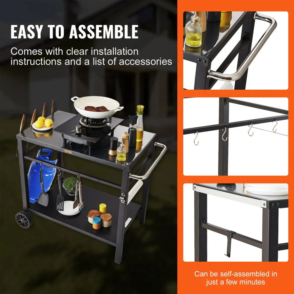 VEVOR Outdoor Grill Dining Cart with Double-Shelf, BBQ Movable Food Prep Table, Multifunctional Iron Table Top, Portable Modular Carts for Pizza Oven, Worktable with 2 Wheels, Carry Handle, Black
