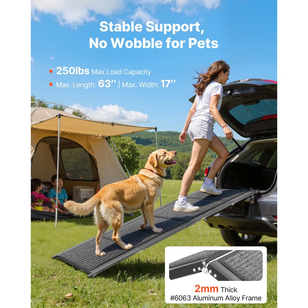 VEVOR Dog Ramp for Cars, 63" L x 17" W, Folding Pet Ramps for Medium & Large Dogs up to 250lbs, Pet Stair Ramp with Non-Slip Felt Rug Surface, Portable Outdoor Dog Car Ramps for SUV & Truck