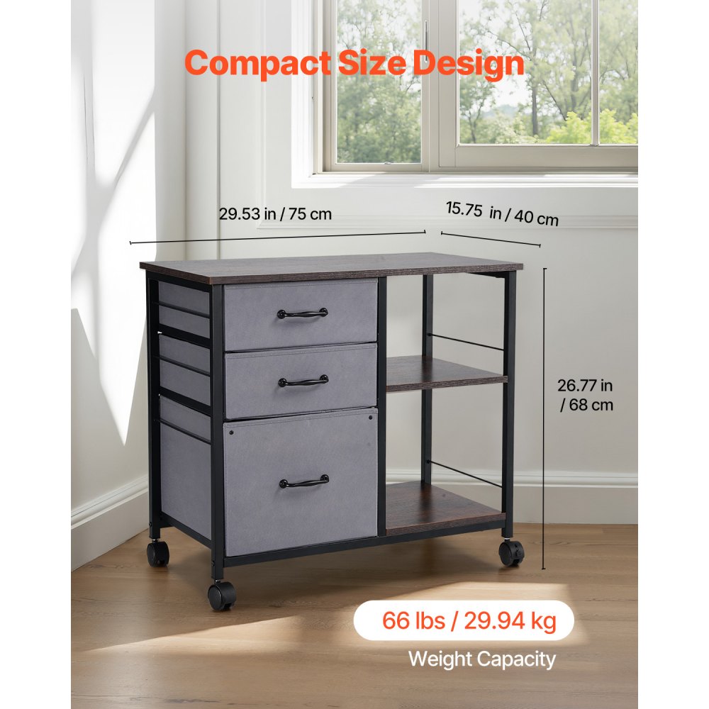 VEVOR Metal File Cabinet, Mobile Filing Cabinet with 3 Fabric Drawers and 2 Open Shelves, Wooden Vertical Filing Storage Cabinets with Wheels for Letter, A4, Legal Size File, Easy Assembly, Brown