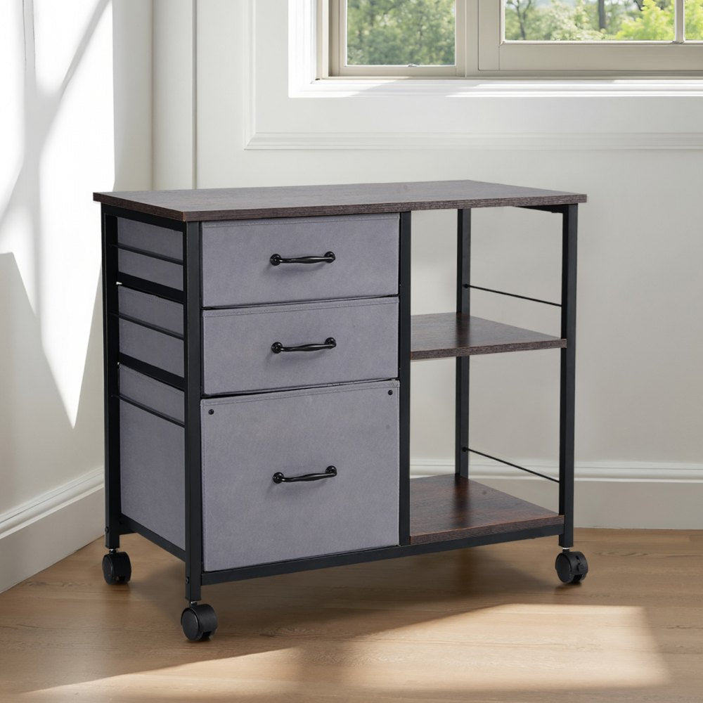 VEVOR Metal File Cabinet, Mobile Filing Cabinet with 3 Fabric Drawers and 2 Open Shelves, Wooden Vertical Filing Storage Cabinets with Wheels for Letter, A4, Legal Size File, Easy Assembly, Brown