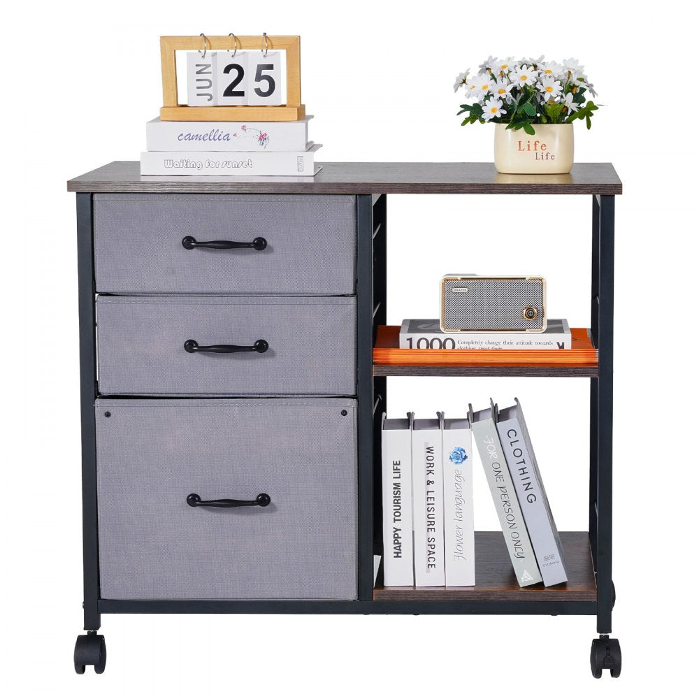 VEVOR Metal File Cabinet, Mobile Filing Cabinet with 3 Fabric Drawers and 2 Open Shelves, Wooden Vertical Filing Storage Cabinets with Wheels for Letter, A4, Legal Size File, Easy Assembly, Brown