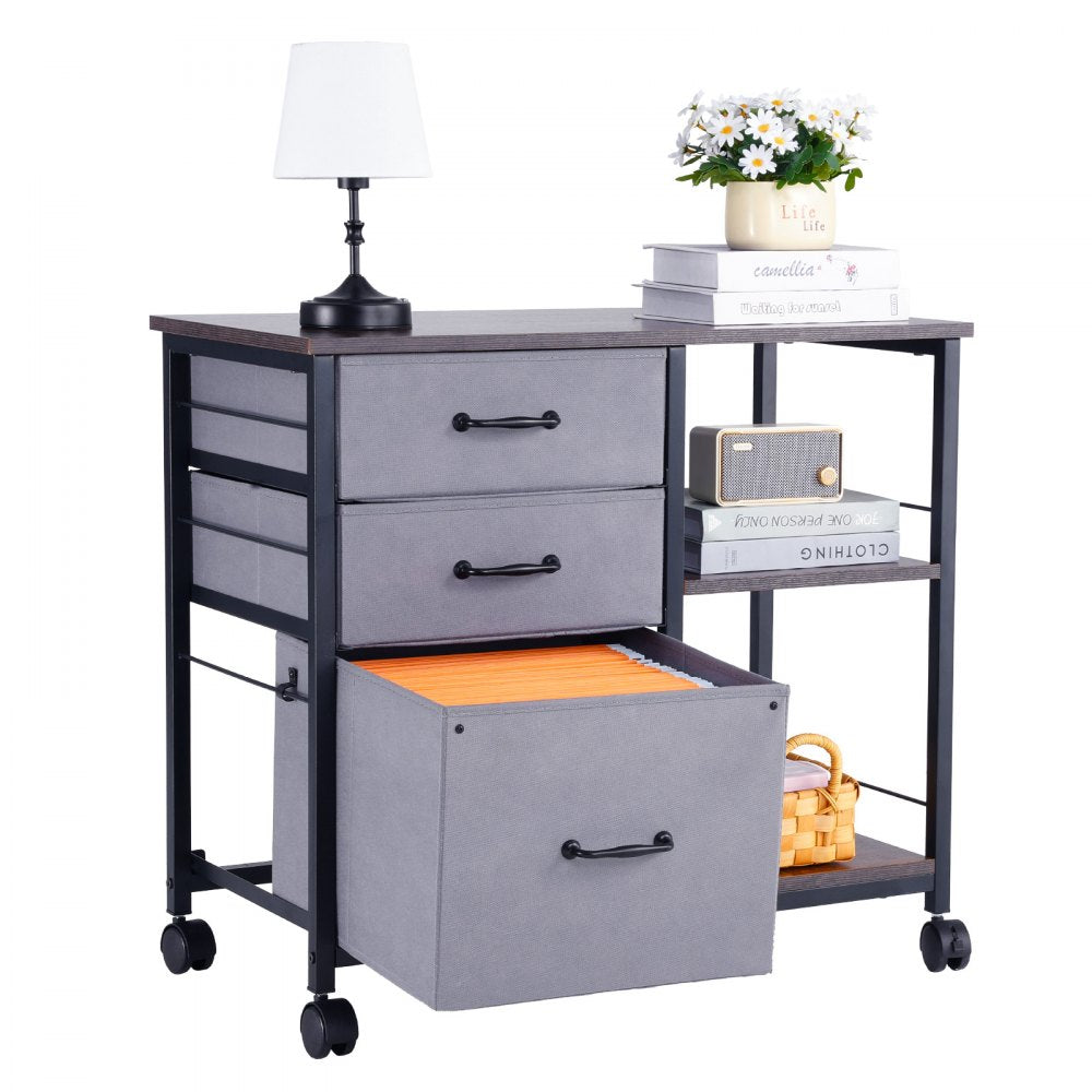 VEVOR Metal File Cabinet, Mobile Filing Cabinet with 3 Fabric Drawers and 2 Open Shelves, Wooden Vertical Filing Storage Cabinets with Wheels for Letter, A4, Legal Size File, Easy Assembly, Brown