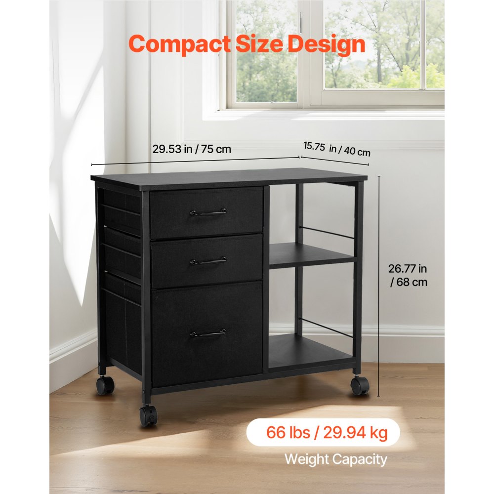 VEVOR Metal File Cabinet, Mobile Filing Cabinet with 3 Fabric Drawers and 2 Open Shelves, Wooden Vertical Filing Storage Cabinets with Wheels for Letter, A4, Legal Size File, Easy Assembly, Black