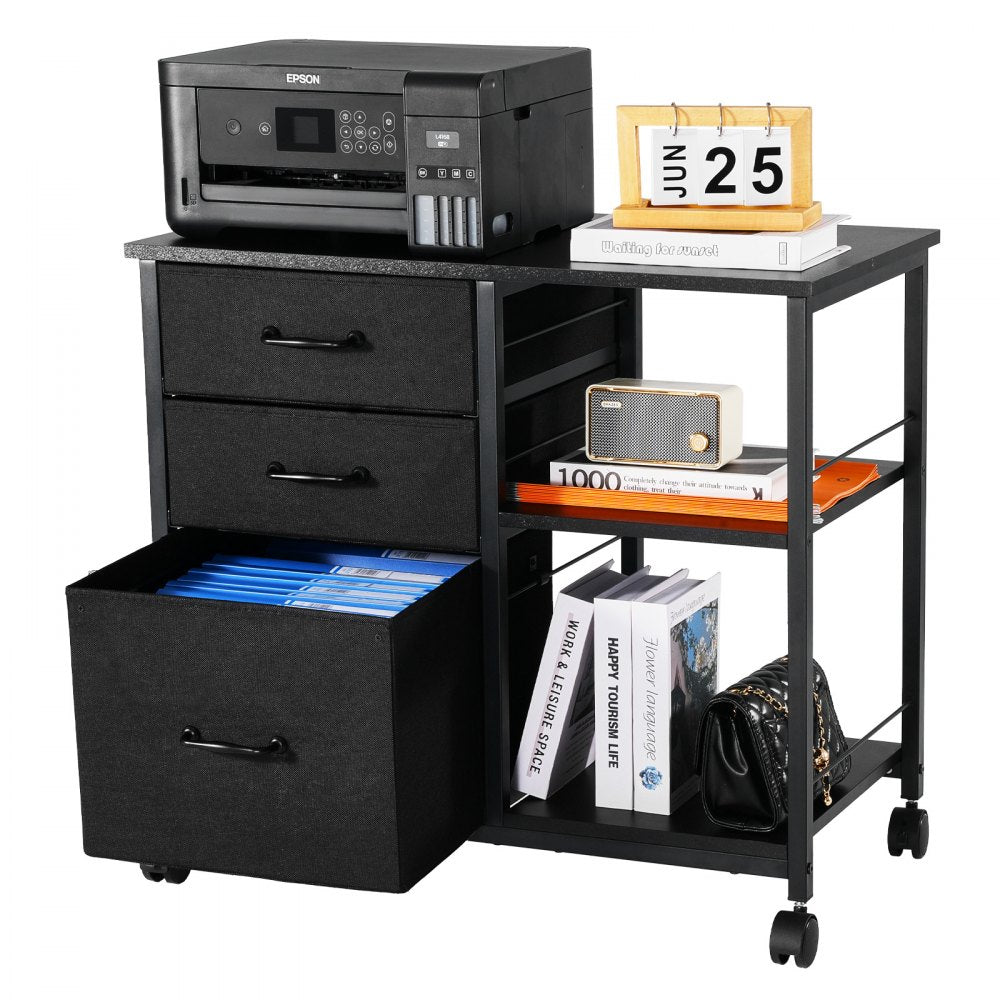 VEVOR Metal File Cabinet, Mobile Filing Cabinet with 3 Fabric Drawers and 2 Open Shelves, Wooden Vertical Filing Storage Cabinets with Wheels for Letter, A4, Legal Size File, Easy Assembly, Black