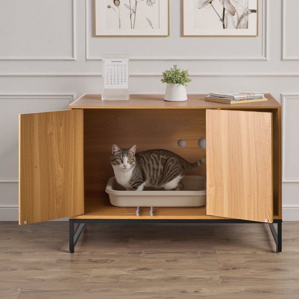 VEVOR Cat Litter Box Enclosure Furniture, 31.5 in Hidden Litter Box Cabinet with Scratch Pad & Storage, Waterproof Cat Washroom End Table Cat House, Fit Most of Litterbox, for Bedroom Living Room