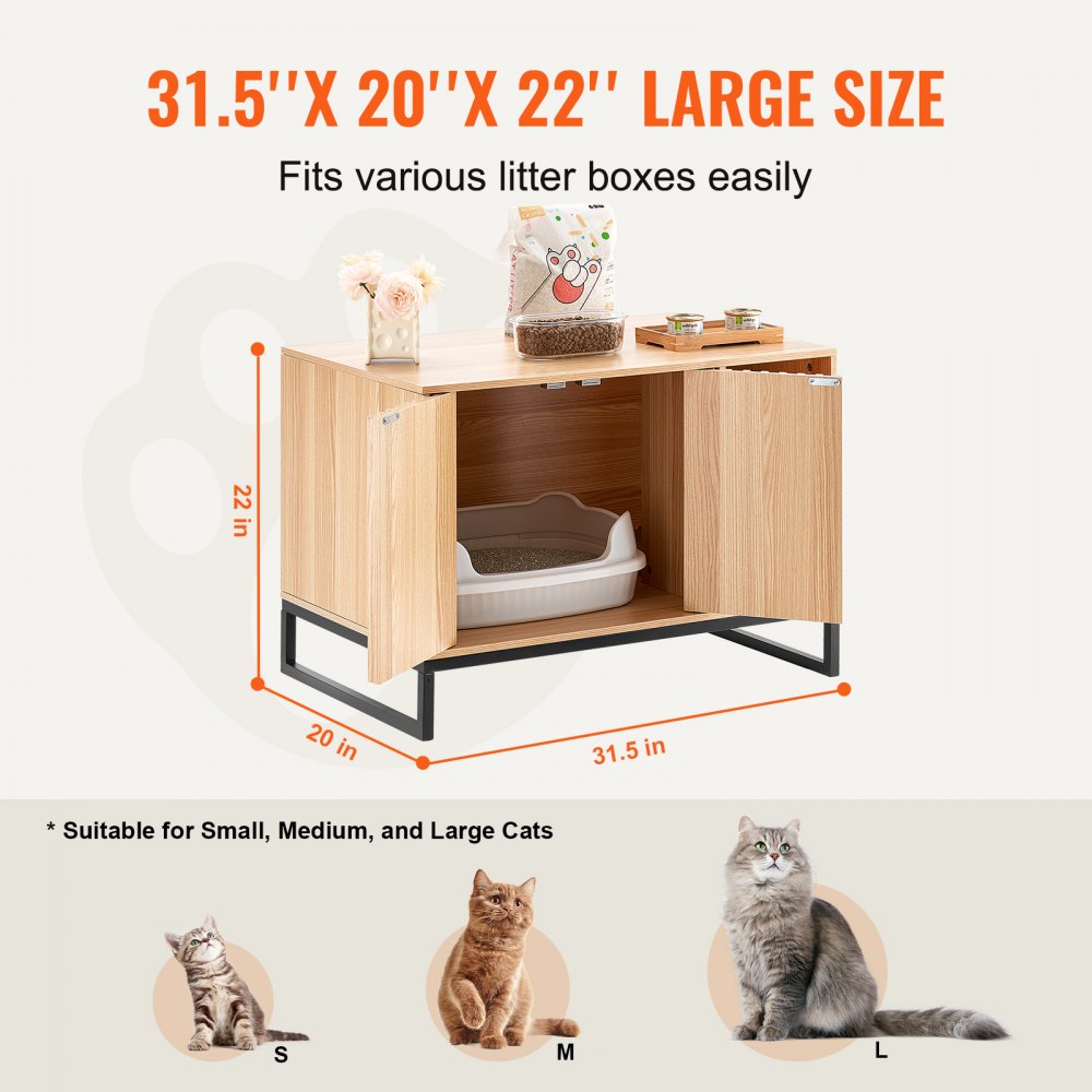 VEVOR Cat Litter Box Enclosure, Hidden Litter Box Furniture, Wooden Cat Washroom Indoor with 2 Doors & Study Metal Legs, Cat House Cabinet Hidden Fit Most of Litter Box, 31.5"L x 20"W x 22"H, Natural