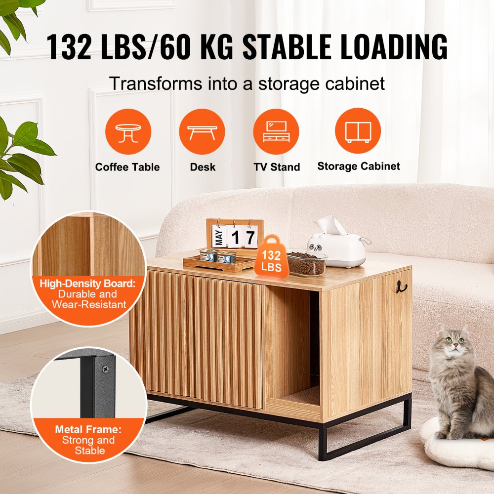 VEVOR Cat Litter Box Enclosure, Hidden Litter Box Furniture, Wooden Cat Washroom Indoor with 2 Doors & Study Metal Legs, Cat House Cabinet Hidden Fit Most of Litter Box, 31.5"L x 20"W x 22"H, Natural