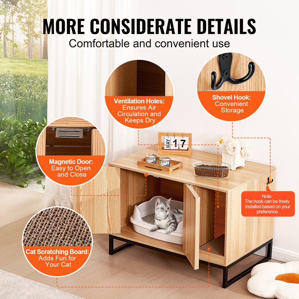 VEVOR Cat Litter Box Enclosure, Hidden Litter Box Furniture, Wooden Cat Washroom Indoor with 2 Doors & Study Metal Legs, Cat House Cabinet Hidden Fit Most of Litter Box, 31.5"L x 20"W x 22"H, Natural