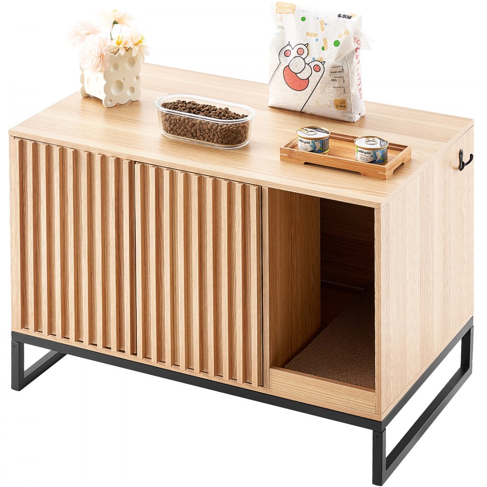 VEVOR Cat Litter Box Enclosure, Hidden Litter Box Furniture, Wooden Cat Washroom Indoor with 2 Doors & Study Metal Legs, Cat House Cabinet Hidden Fit Most of Litter Box, 31.5"L x 20"W x 22"H, Natural