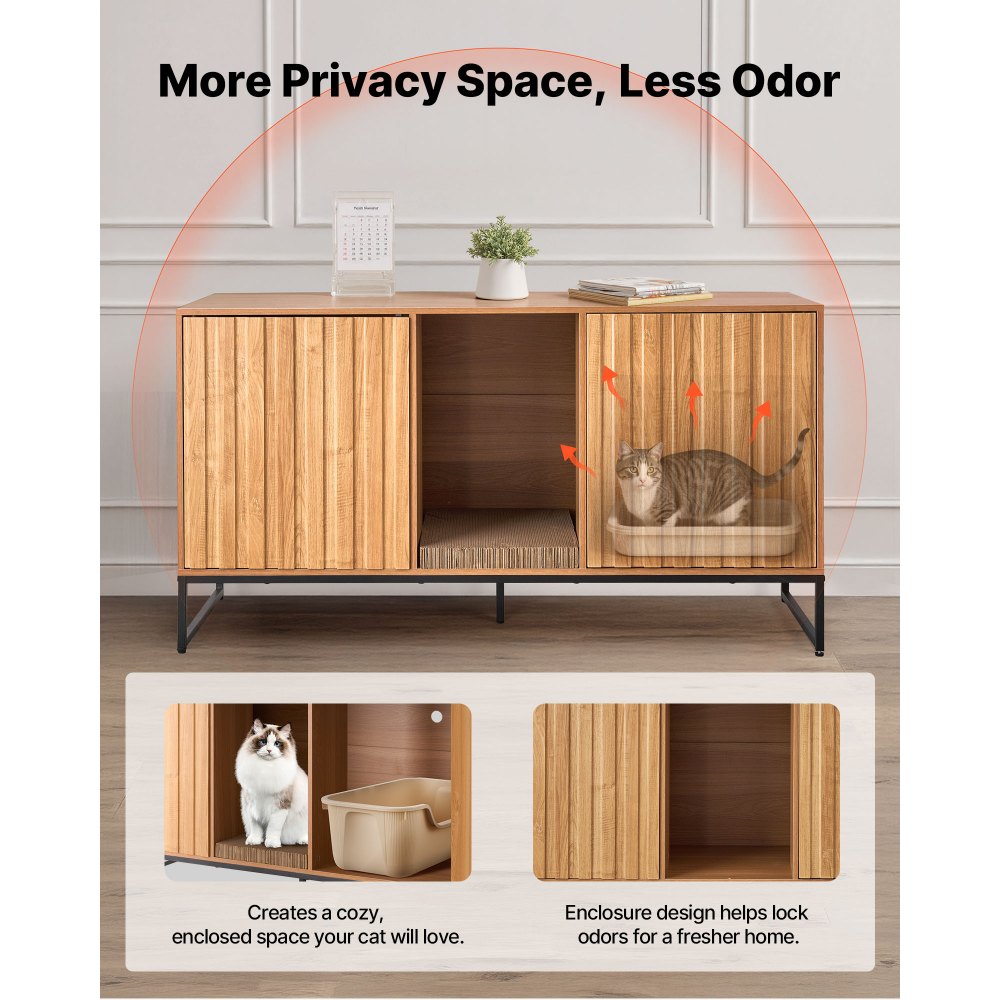 VEVOR Cat Litter Box Enclosure Furniture, 47.2 in Hidden Litter Box Cabinet with Scratch Pad & Storage, Waterproof Cat Washroom End Table Cat House, Fit Most of Litterbox, for Bedroom Living Room