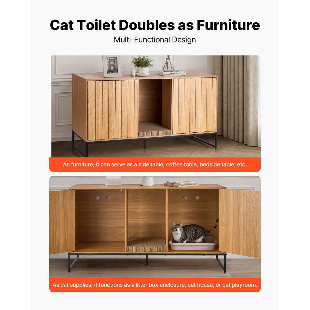 VEVOR Cat Litter Box Enclosure Furniture, 47.2 in Hidden Litter Box Cabinet with Scratch Pad & Storage, Waterproof Cat Washroom End Table Cat House, Fit Most of Litterbox, for Bedroom Living Room