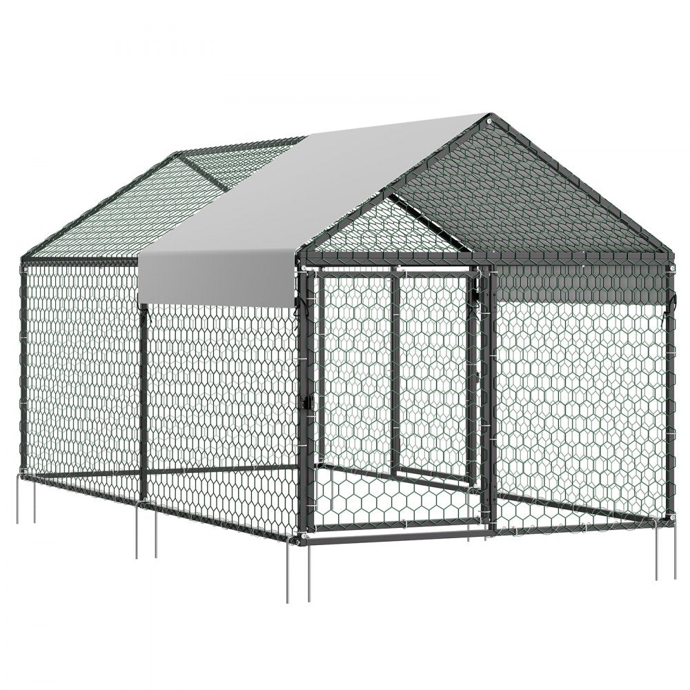 VEVOR Metal Chicken Coop for 4-6 Chickens, 3.3 x 6.6 x 3.3 ft, Small Chicken Cage with Waterproof Cover & Double Doors, Spire Roof Poultry Run Compatible with Wooden Coops, for Rabbit Hen Goose Duck