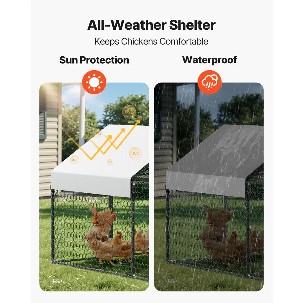 VEVOR Metal Chicken Coop for 6-8 Chickens, 3.3 x 9.8 x 3.3 ft, Small Chicken Cage with Waterproof Cover & 3 Doors, Spire Roof Poultry Run Compatible with Wooden Coops, for Rabbit Hen Goose Duck