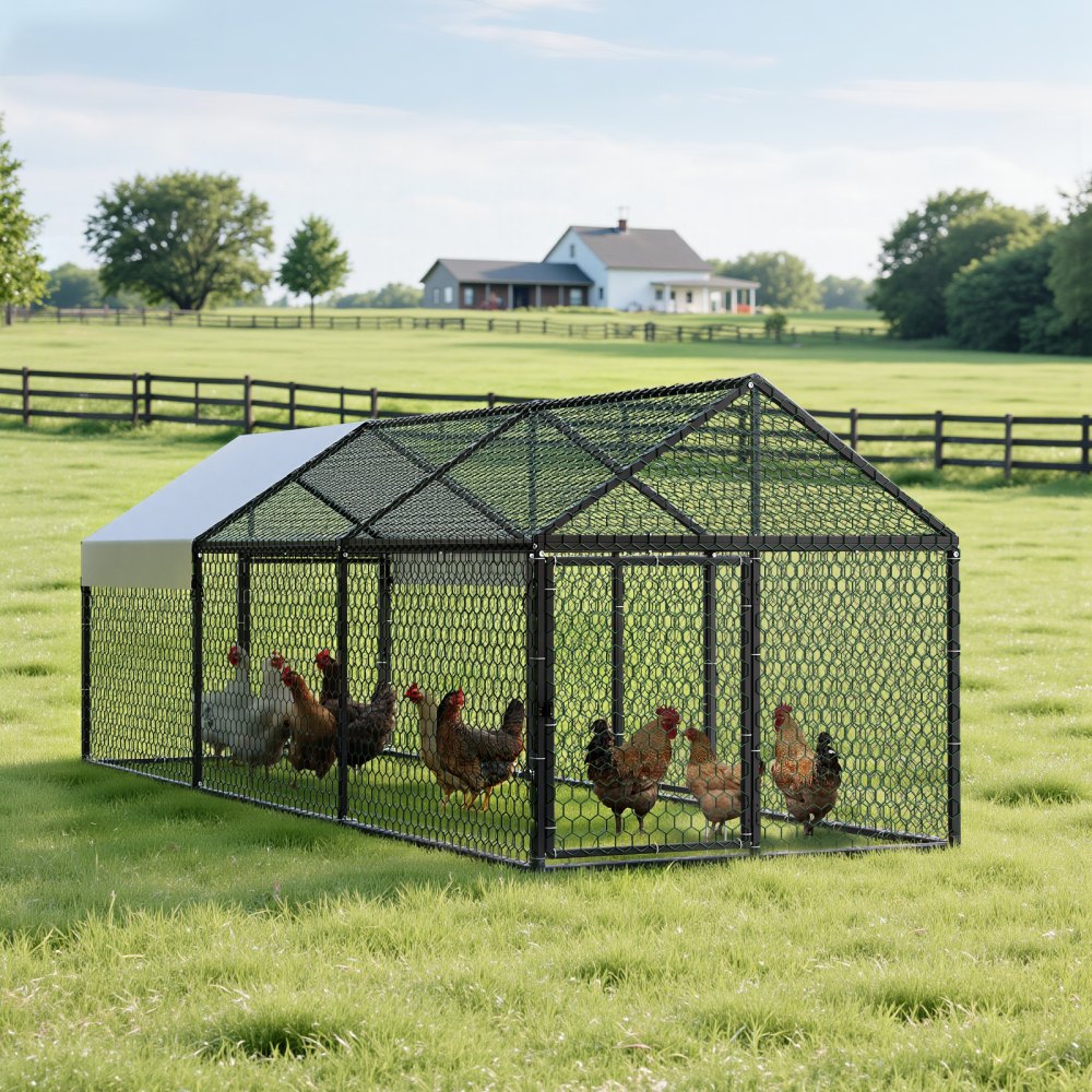 VEVOR Metal Chicken Coop for 6-8 Chickens, 3.3 x 9.8 x 3.3 ft, Small Chicken Cage with Waterproof Cover & 3 Doors, Spire Roof Poultry Run Compatible with Wooden Coops, for Rabbit Hen Goose Duck