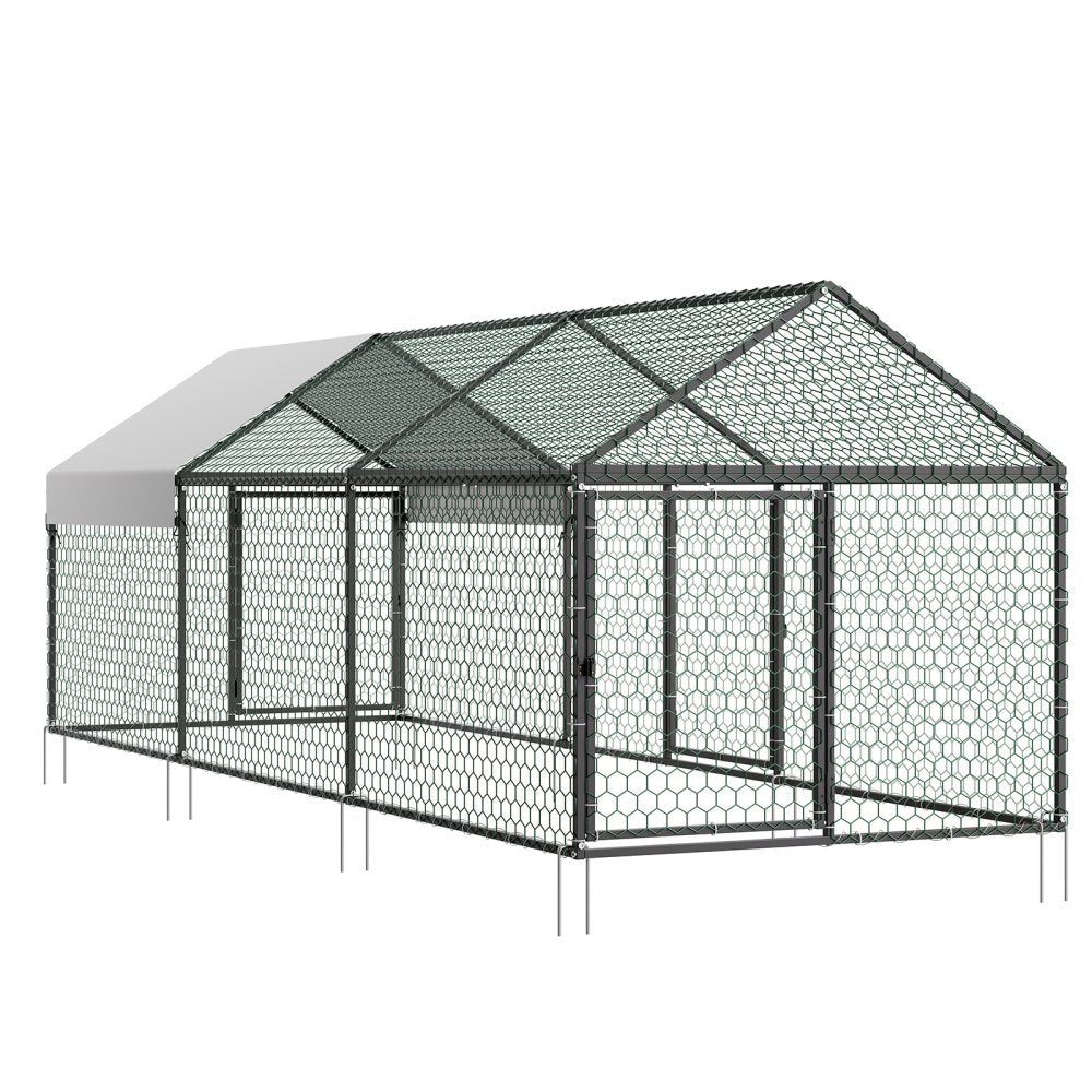 VEVOR Metal Chicken Coop for 6-8 Chickens, 3.3 x 9.8 x 3.3 ft, Small Chicken Cage with Waterproof Cover & 3 Doors, Spire Roof Poultry Run Compatible with Wooden Coops, for Rabbit Hen Goose Duck