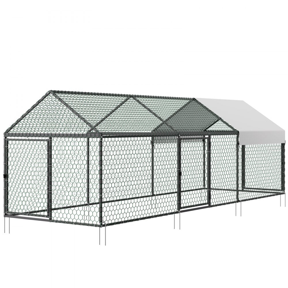 VEVOR Metal Chicken Coop for 6-8 Chickens, 3.3 x 9.8 x 3.3 ft, Small Chicken Cage with Waterproof Cover & 3 Doors, Spire Roof Poultry Run Compatible with Wooden Coops, for Rabbit Hen Goose Duck