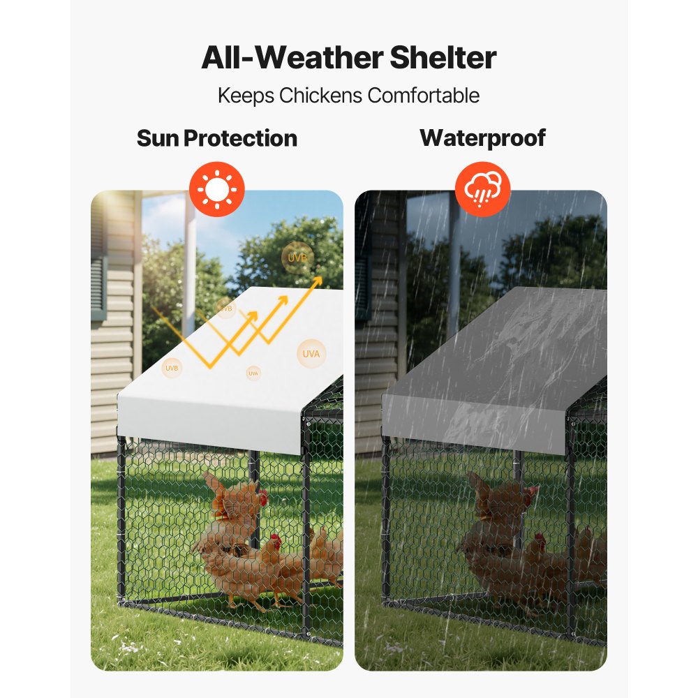 VEVOR Metal Chicken Coop for 6-8 Chickens 3.3x9.8x3.3 ft Small Chicken Cage, Spire Roof Poultry Run with Waterproof Cover & 3 Doors, Compatible with Wooden Coops, for Rabbit Hen Goose Duck, Backyard