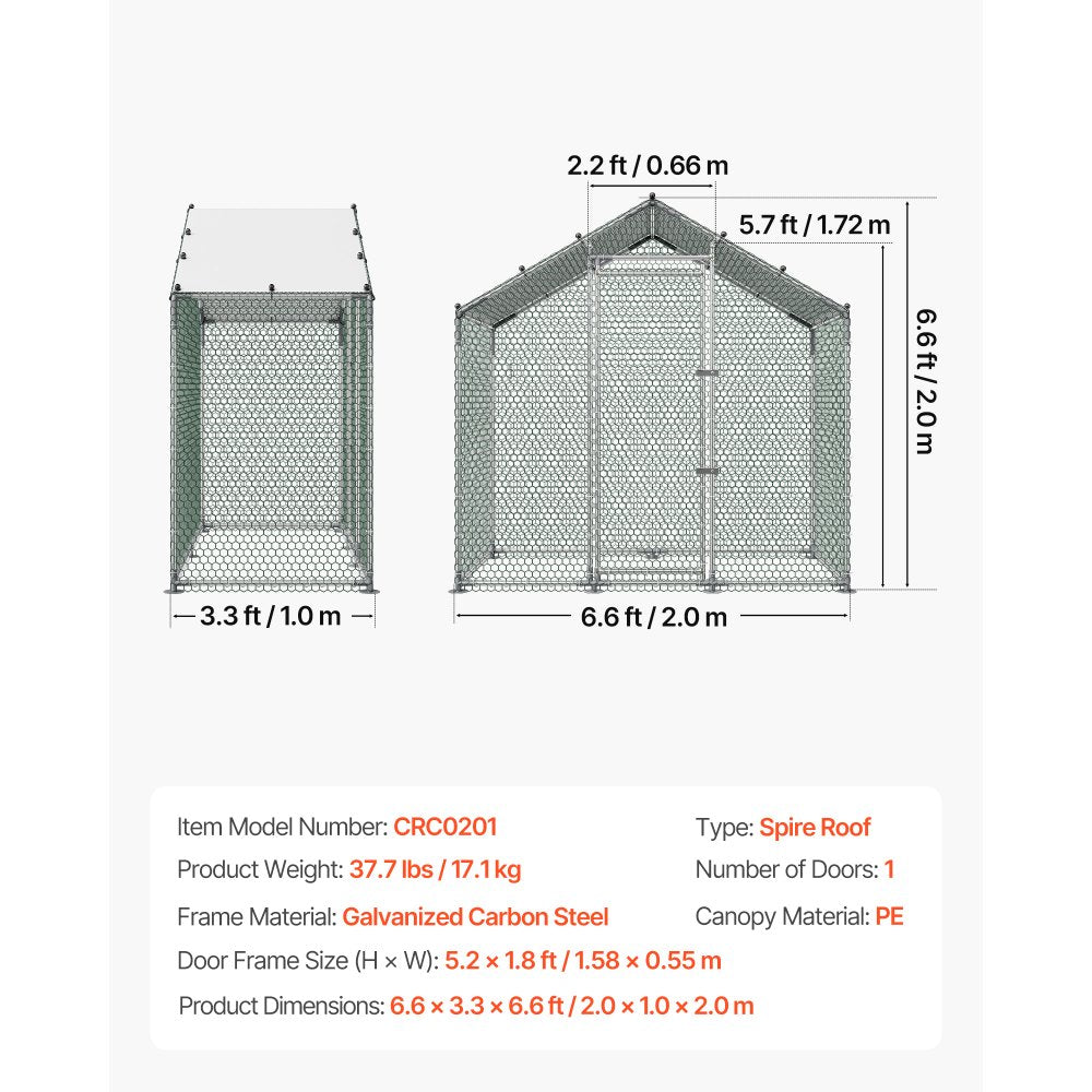 VEVOR Large Metal Chicken Coop,6.6 x 3.3 x 6.6 ft, Walk-in Chicken Run House with Waterproof Cover & Sturdy Frame, Spire Roof Poultry Cage Duck Pen for Rabbit Hen Goose Outdoor Backyard Farm Use