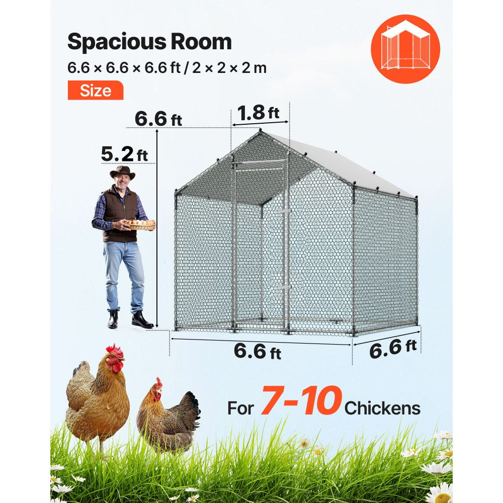 VEVOR Large Metal Chicken Coop 6.6x6.6x6.6 ft Walk-in Chicken Run House, Spire Roof Hen House Enclosure with Cover and Security Lock, Outdoor Duck Rabbit Cage Poultry Pen for Backyard, Farm, Yard