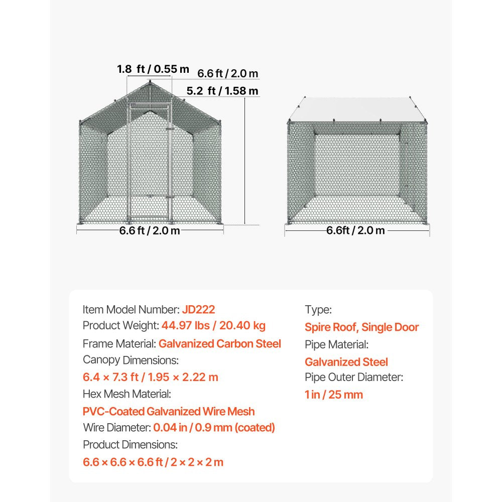 VEVOR Large Metal Chicken Coop 6.6x6.6x6.6 ft Walk-in Chicken Run House, Spire Roof Hen House Enclosure with Cover and Security Lock, Outdoor Duck Rabbit Cage Poultry Pen for Backyard, Farm, Yard