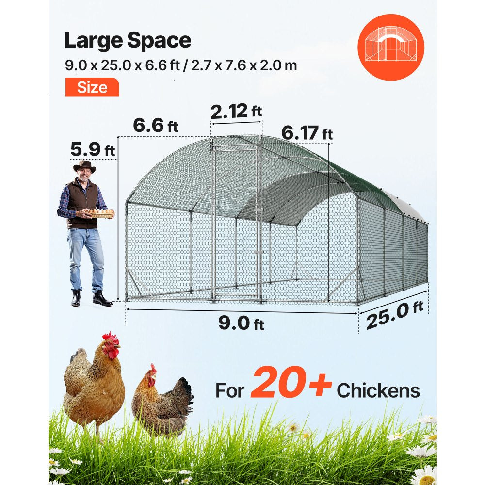 VEVOR Large Metal Chicken Coop, 9 x 25 x 6.6 ft, Walk-in Chicken Run House with Waterproof Cover & Sturdy Frame, Dome Roof Poultry Cage Duck Pen for Rabbit Hen Goose Duck Outdoor Backyard Farm Use
