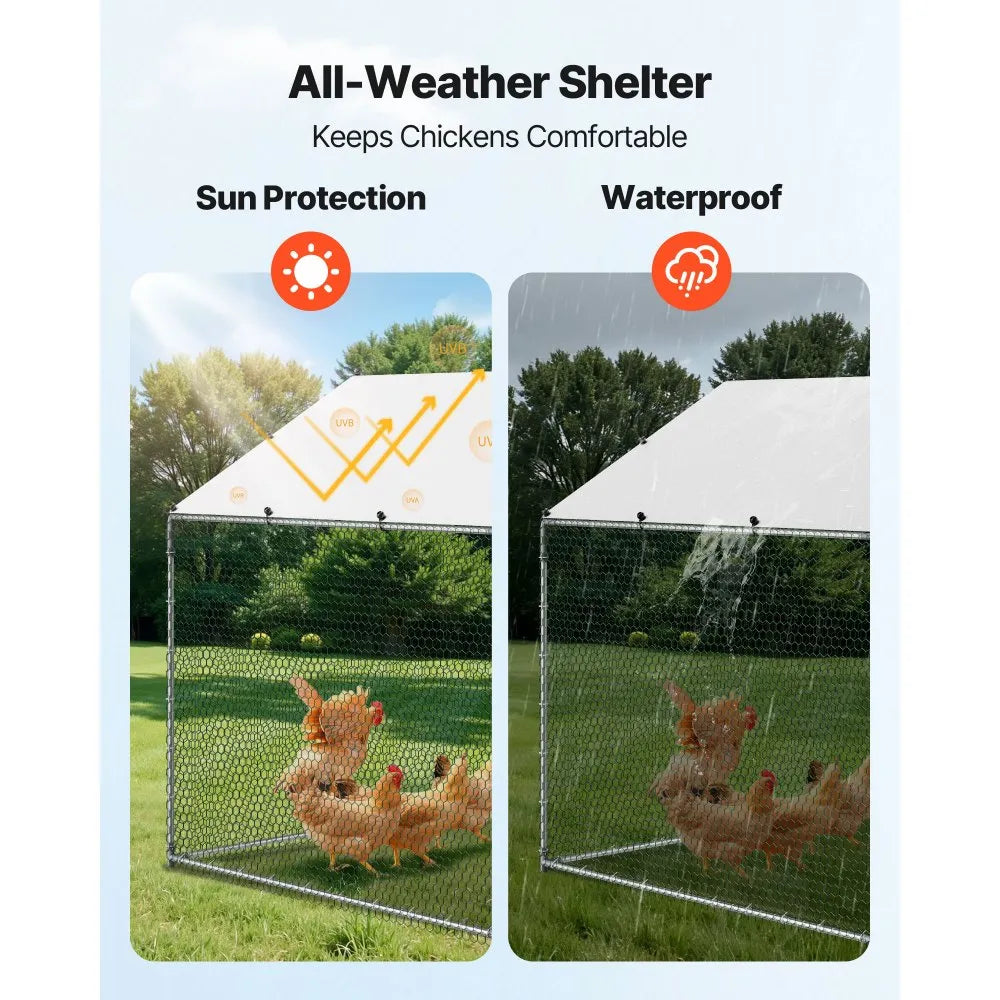 VEVOR Metal Chicken Coop, 9.8x6.5x6.5ft Large Walk-in Chicken Runs with Cover, Spire Roof Hen House Enclosure with Security Lock, Outdoor Duck Rabbit Cage Poultry Pen for Backyard, Farm, Yard