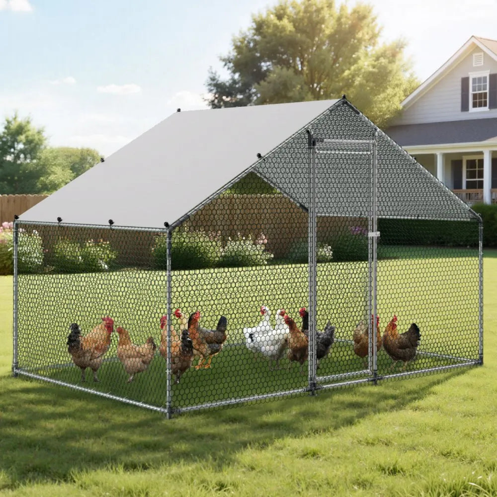 VEVOR Metal Chicken Coop, 9.8x6.5x6.5ft Large Walk-in Chicken Runs with Cover, Spire Roof Hen House Enclosure with Security Lock, Outdoor Duck Rabbit Cage Poultry Pen for Backyard, Farm, Yard