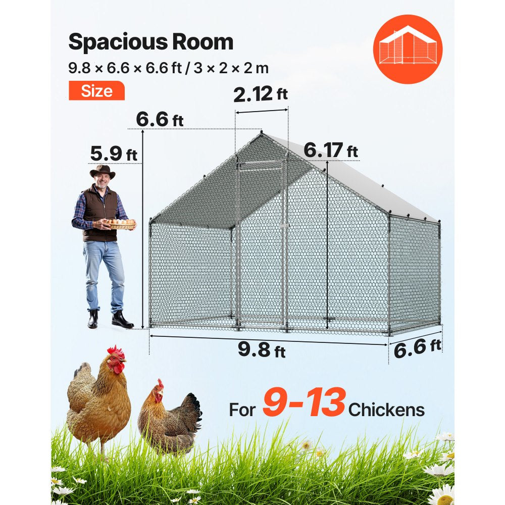 VEVOR Large Metal Chicken Coop, 9.8 x 6.6 x 6.6 ft, Walk-in Chicken Runs with Waterproof Cover, Spire Roof Hen House Enclosure with Lock, Outdoor Duck Rabbit Cage Poultry Pen for Backyard, Farm, Yard