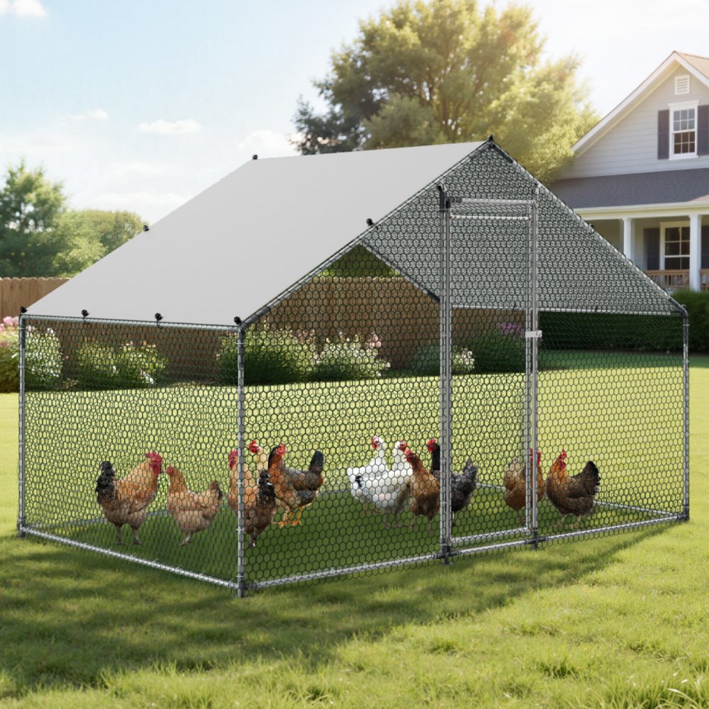 VEVOR Large Metal Chicken Coop, 9.8 x 6.6 x 6.6 ft, Walk-in Chicken Runs with Waterproof Cover, Spire Roof Hen House Enclosure with Lock, Outdoor Duck Rabbit Cage Poultry Pen for Backyard, Farm, Yard