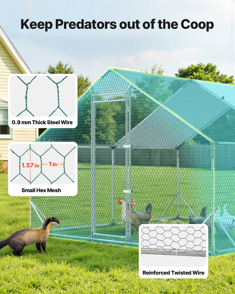 VEVOR Large Metal Chicken Coop,9.8 x 9.8 x 6.6 ft, Walk-in Chicken Run House with Waterproof Cover & Sturdy Frame, Spire Roof Poultry Cage Duck Pen for Rabbit Hen Goose Outdoor Backyard Farm Use