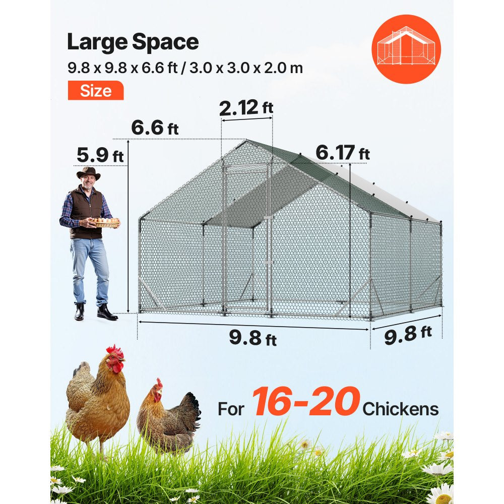VEVOR Large Metal Chicken Coop, 9.8 x 9.8 x 6.6 ft, Walk-in Chicken Run House with Waterproof Cover & Sturdy Frame, Spire Roof Poultry Cage Duck Pen for Rabbit Hen Goose Outdoor Backyard Farm Use