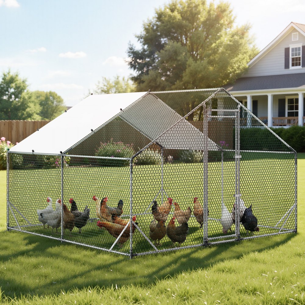 VEVOR Large Metal Chicken Coop, 9.8 x 9.8 x 6.6 ft, Walk-in Chicken Run House with Waterproof Cover & Sturdy Frame, Spire Roof Poultry Cage Duck Pen for Rabbit Hen Goose Outdoor Backyard Farm Use