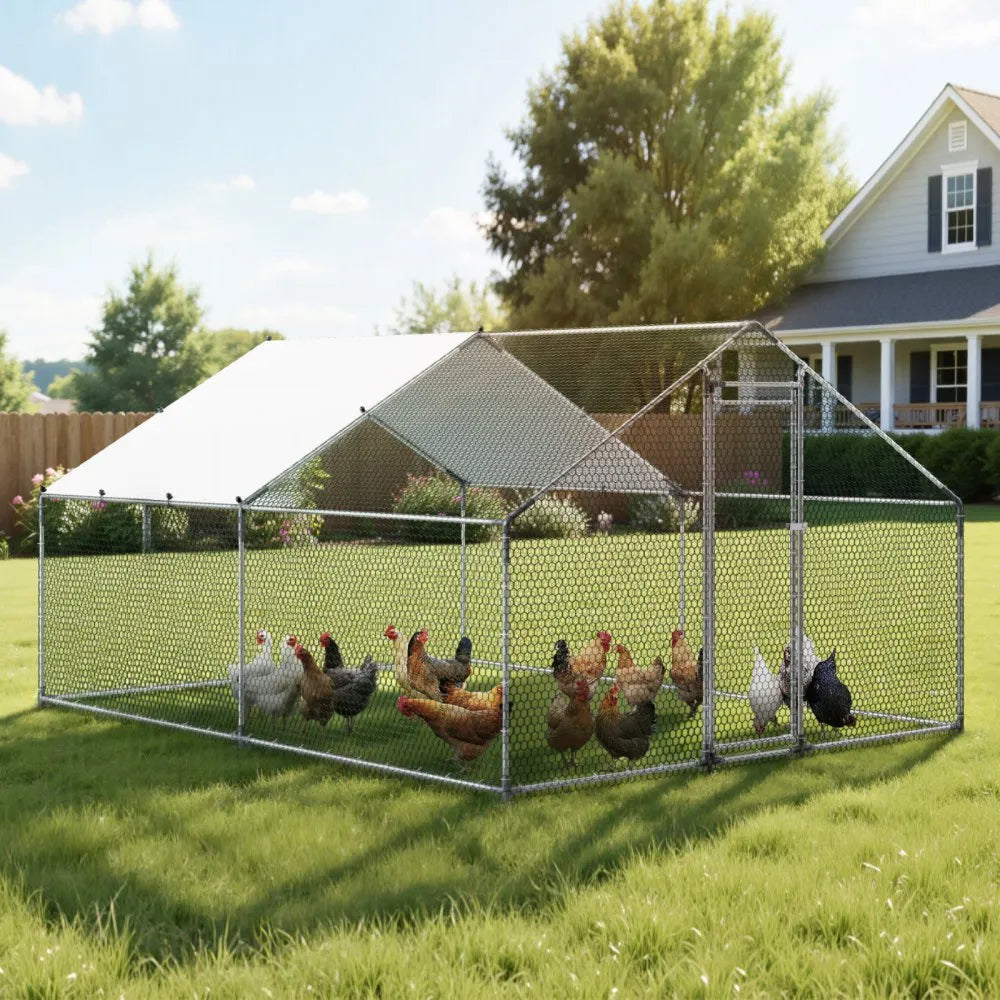 VEVOR Large Metal Chicken Coop, 9.8 x 13.1 x 6.6 ft, Walk-in Chicken Runs with Waterproof Cover, Spire Roof Hen House Enclosure with Lock, Outdoor Duck Rabbit Cage Poultry Pen for Backyard, Farm, Yard